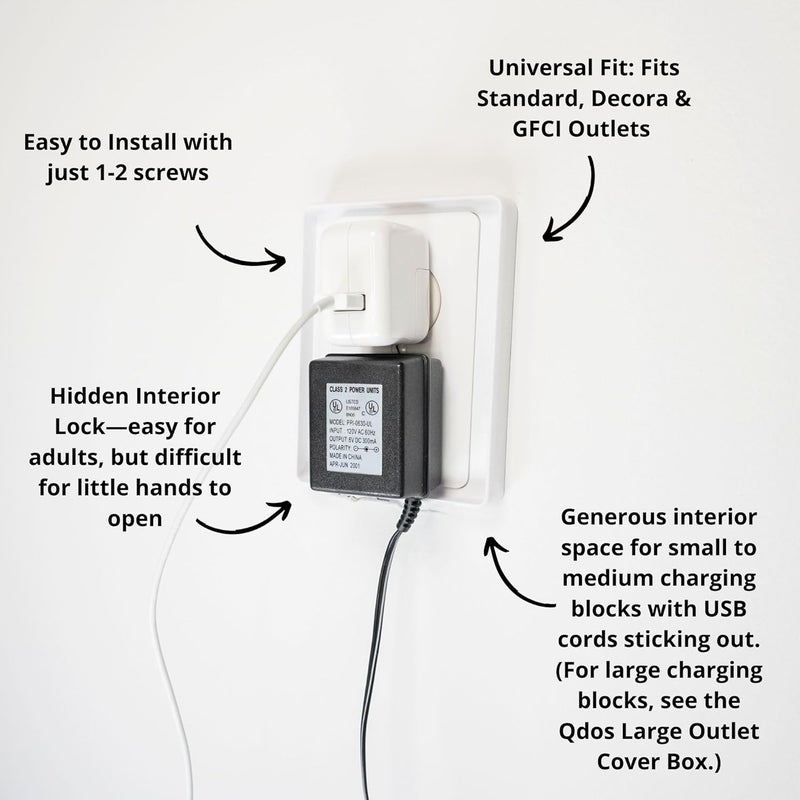 QDOS Safety Medium Outlet Cover Box for Baby Proofing Outlets| Secure Hidden Lock | Generous Interior for Medium Sized Charging Blocks & Adapters | Modern Universal Design | Easy Install | 1 Pack - Image 3